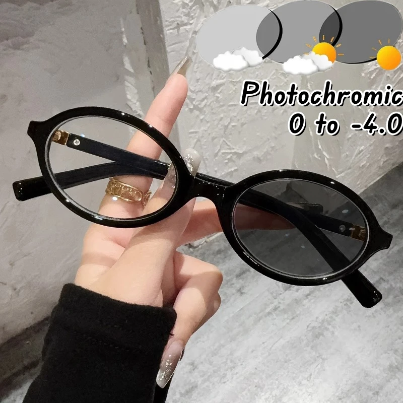 Women Trendy Oval Small Frame Photochromic Myopia Glasses Anti-blue Light Eyeglasses Eye Protection Ladies Optical Eyeglass