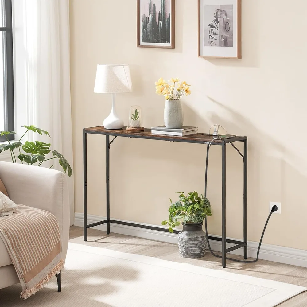 Console Table, Narrow Sofa Table, 43.3” Entrance Table with Power Station, Behind Couch Table, Simple Style, for Living Room