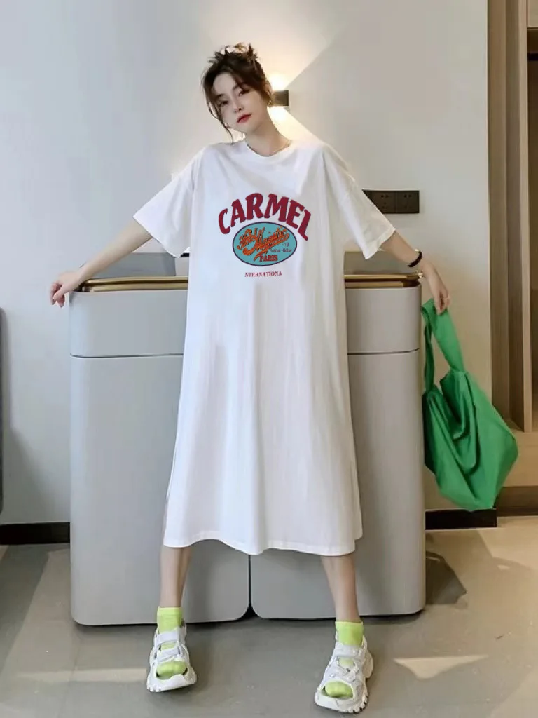 

2024 Summer New Mid length Short sleeved T-shirt Dress Women's Korean Edition Ins Loose Large Pregnant Women's Home wear I6VL