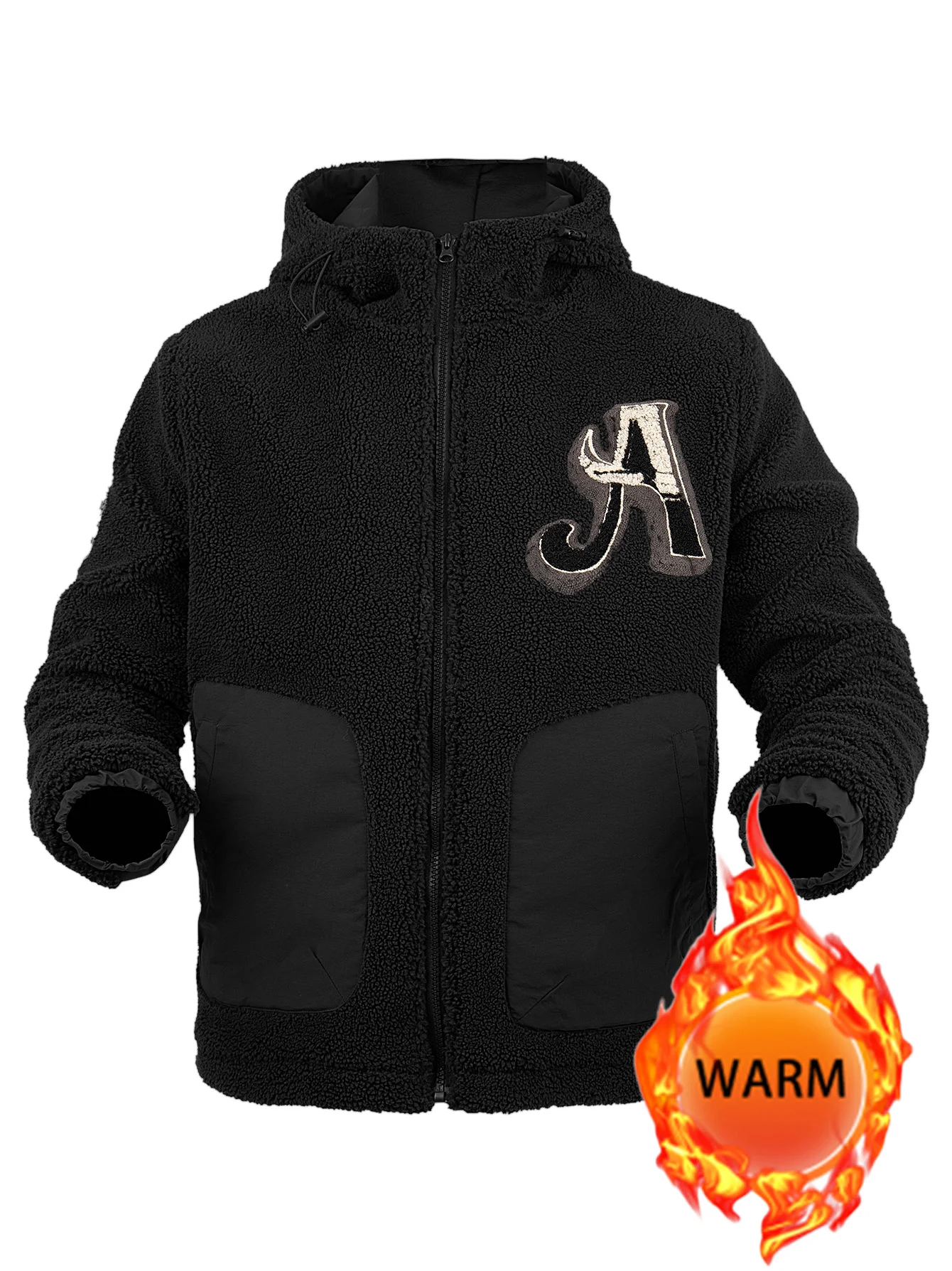 Chaqueta con capucha y cremallera de lana para hombre, puños elásticos gruesos y cálidos para otoño e invierno con bolsillo, abrigo informal bordado de retazos