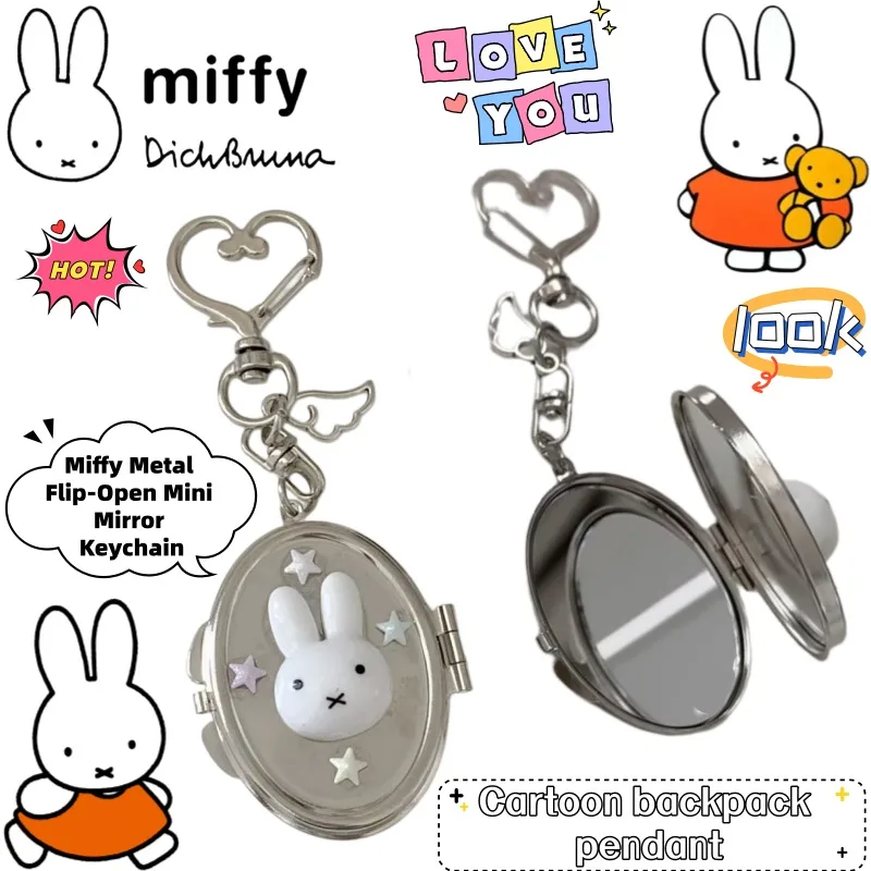 

New Miffy Cute Creative Kawaii Metal Flip Small Mirror Keychain Cartoon Two-dimensional Anime Peripheral Backpack Pendant Gift