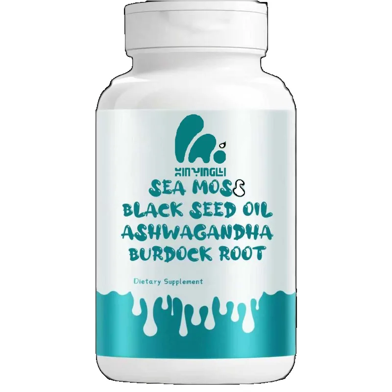 Black seed oil, seaweed capsules, burdock root capsules containing vitamins, elderberry, manuka, dandelion-60 capsules