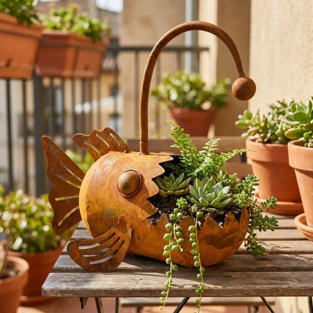 Rustproof Lantern Fish Iron Planter Waterproof Sturdy Succulent Planter Distressed Handcrafted Metal Fish Flower Pot