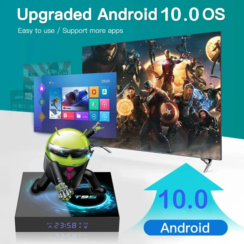 Android 10 T95 tv box HD 6K bluetooth 5.0 يدعم الوسائط المتعددة في تنسيق الفيديو المتعدد 5G Set Top Box