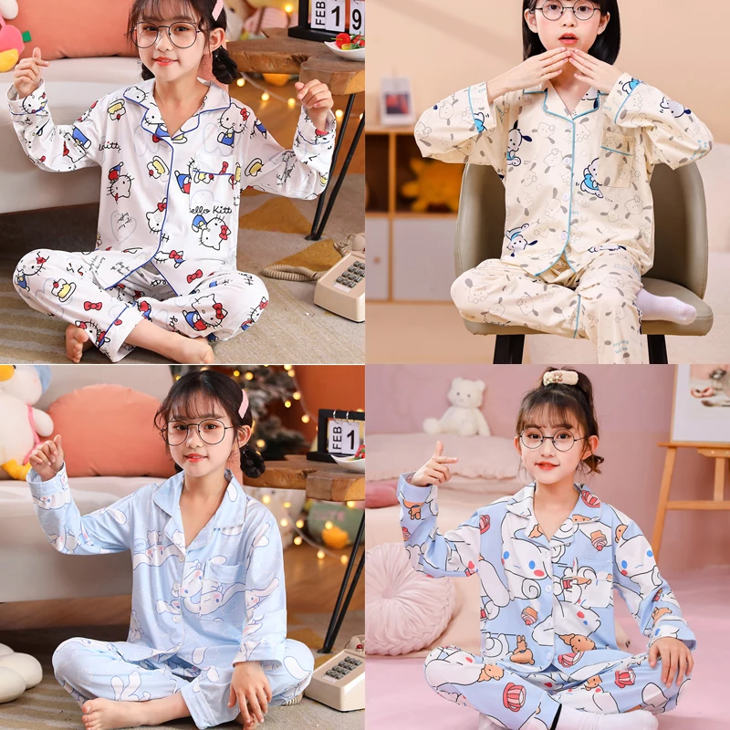 

2Pcs Sanrios Spring Lapel Cardigan Suit Kuromi Pajamas Loose Cartoon Cute Home Thin Soft Breathable Absorb Sweat Keep Warm