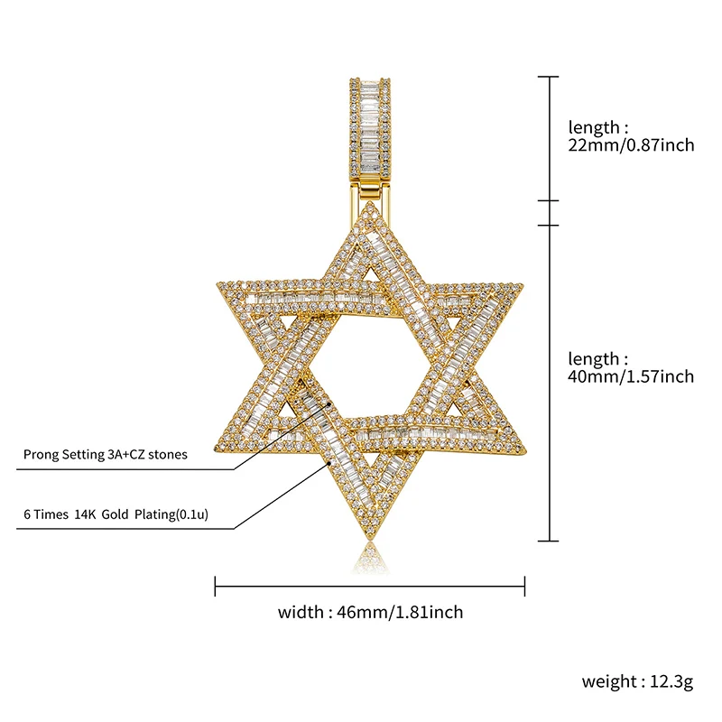 Hip Hop 3A+ CZ Stone Paved Bling Iced Out Jewish Star of David Pendants Necklaces for Men Rapper Jewelry Gold Silver Color