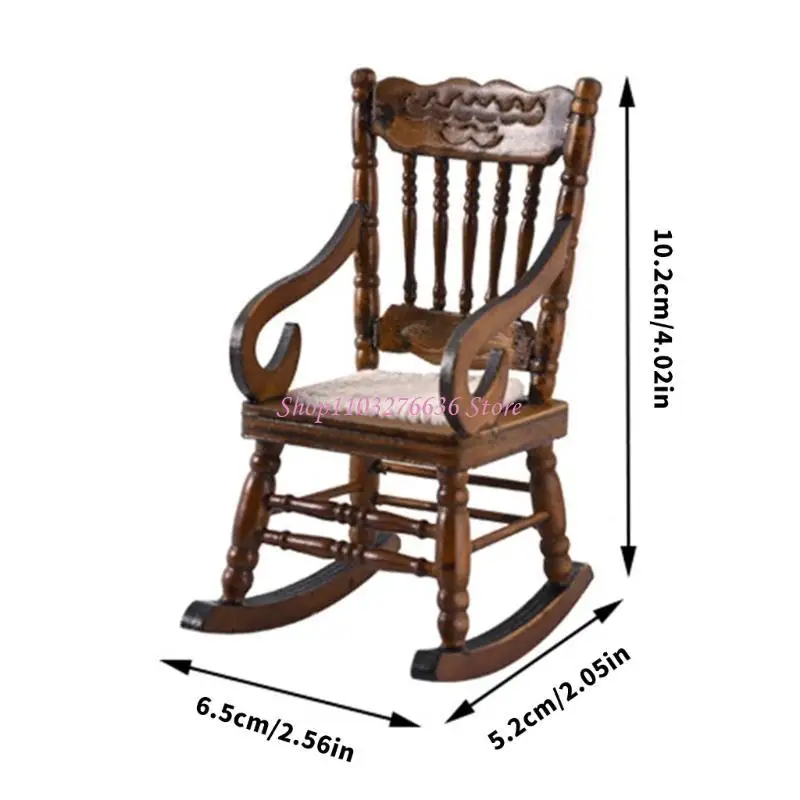 R6FD Small Wooden Rocking Chair Model Figurine Dollhouses Scene Decoration 1/12 Scale Miniature Furniture Landscape Accessory