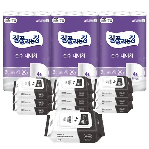 잘풀리는집 순수 네이처 3팩+비데물티슈 10팩 기획세트