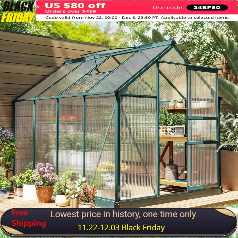 

6' X 8' Greenhouse with Rain Gutter and Roof Vent, Aluminum Walk-in Green Houses, Outdoor Polycarbonate Greenhouse