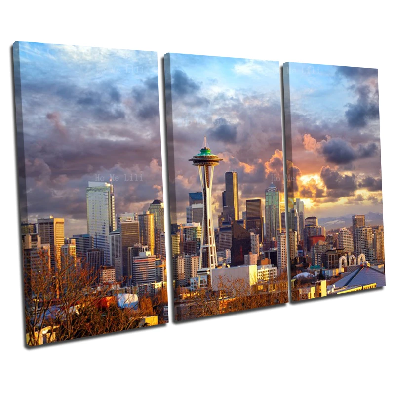 Seattle Skyline At Sunset With Space Needle  Modern Buildings Panoramic Canvas Wall Art By Ho Me Lili For Home Decor