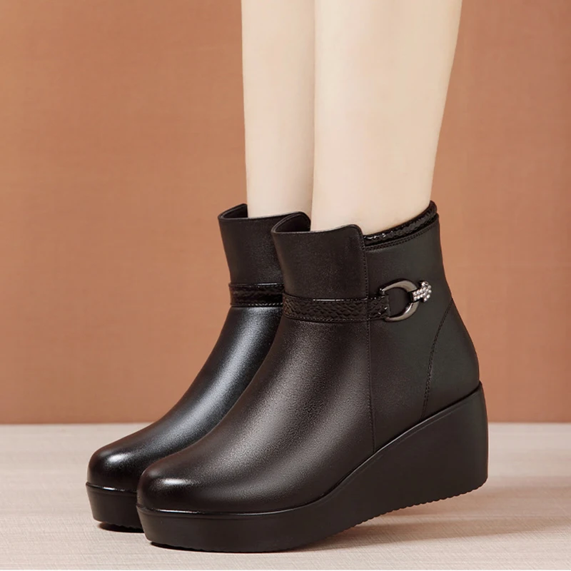 2023 Genuine Leather Warm Winter Boots Shoes Women Ankle Boots Female Wedges Boots Women Boot Platform Shoes