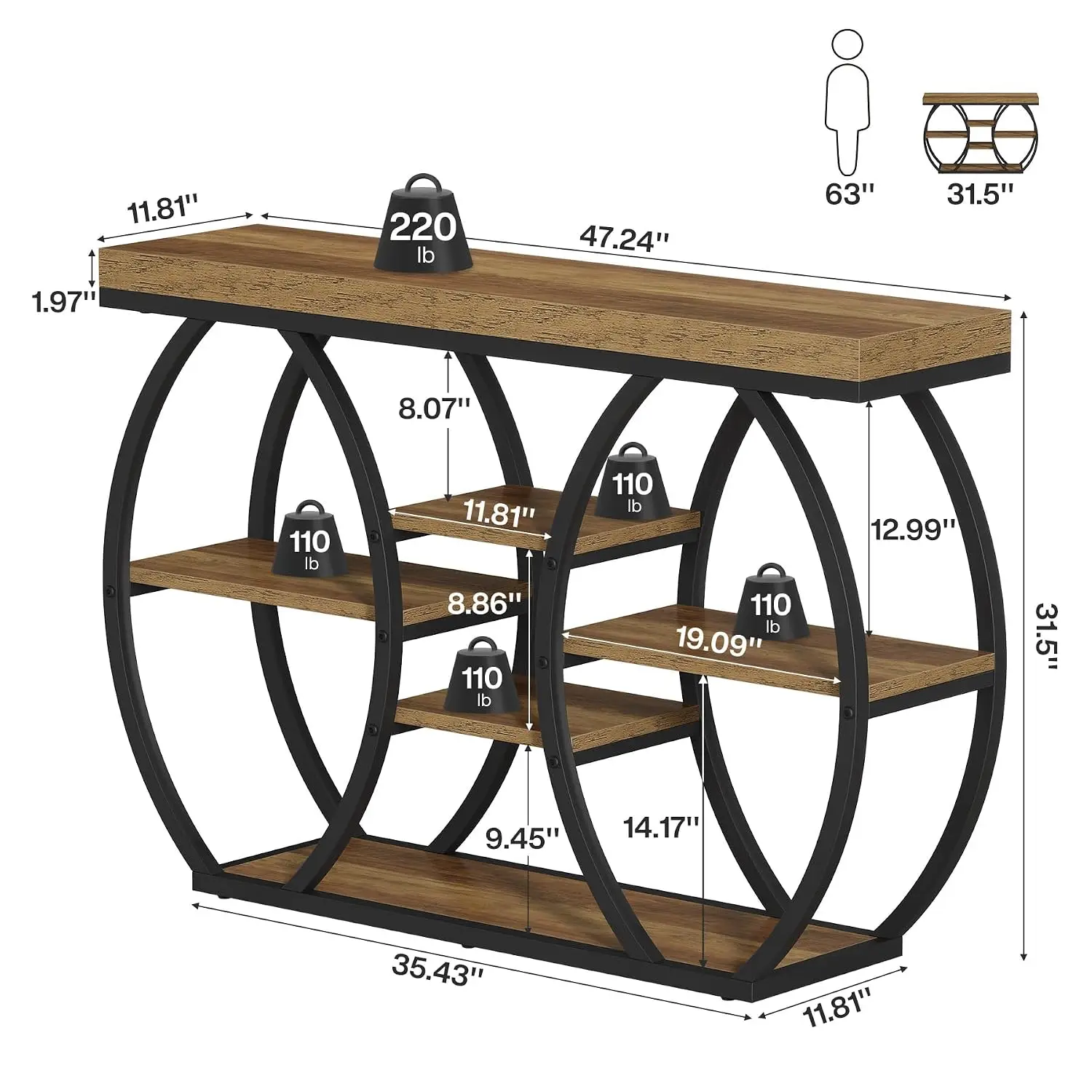 47-Inch Farmhouse Console Table for Entryway, 4-Tier Narrow Industrial Sofa Table with Artistic Curved Metal Frame, Customized