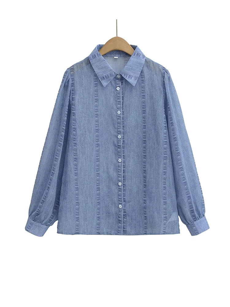 

Women Long Sleeve Blue Print Shirts Thin Button Up Blouses Casual Lapel Tops