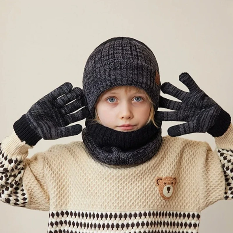 Conjunto de gorro tejido para niños, gorro de invierno con forro de felpa, bufanda, guantes, traje, gorro para niños de 4 a 10 años, 3 uds.