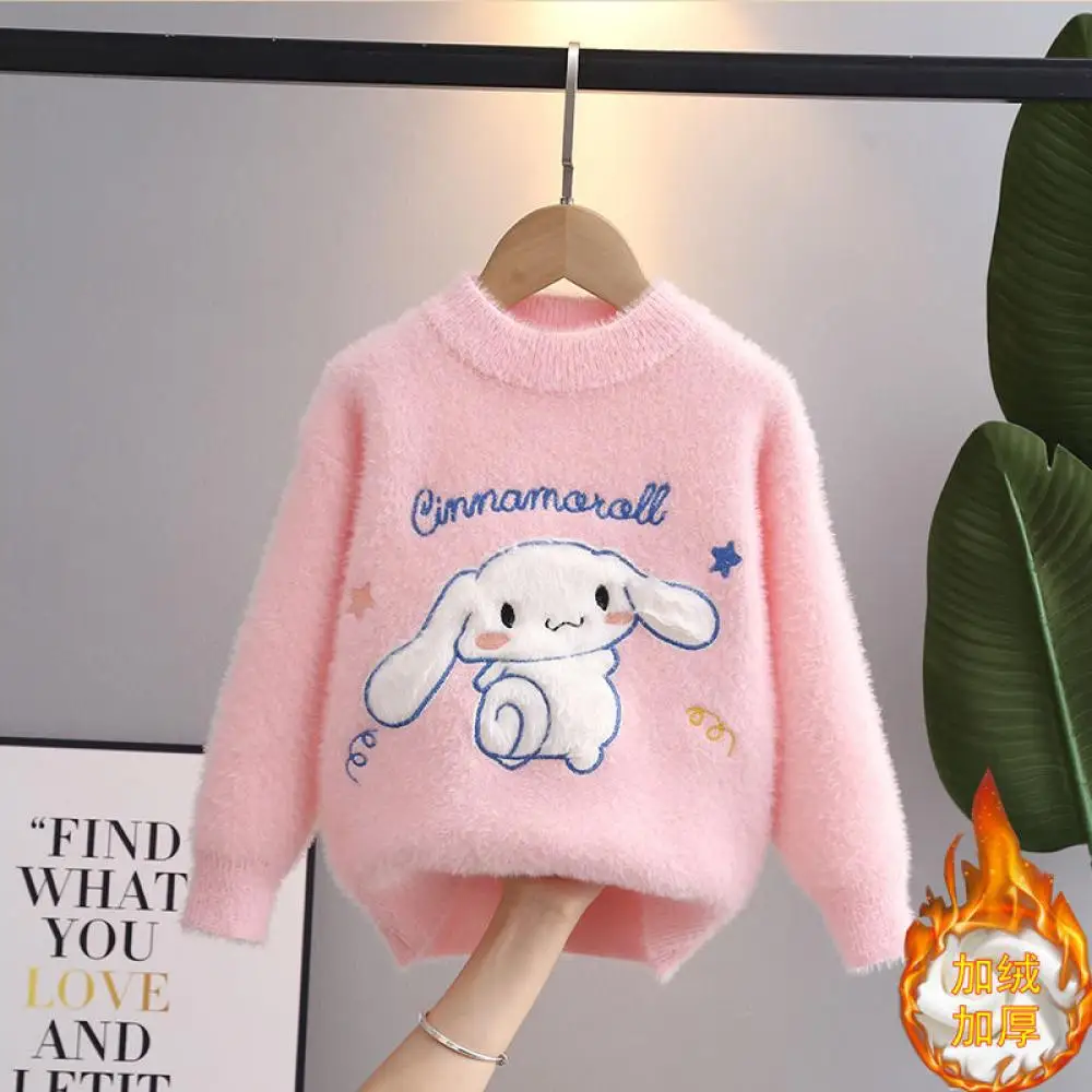 Kawaii Sanrio Cinnamoroll Girls Mink Velvet Sweater Kids Long Sleeves Sweatshirts Anime Cartoon Keep Warm Winter Child Clothing