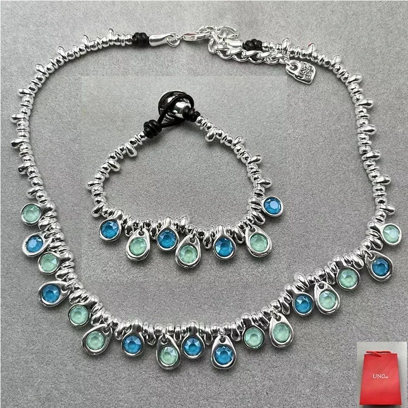 2024 Spain UNO Beautiful, Gorgeous and Noble Blue Green Crystal Bracelet Necklace Jewelry Set Women's Gifts