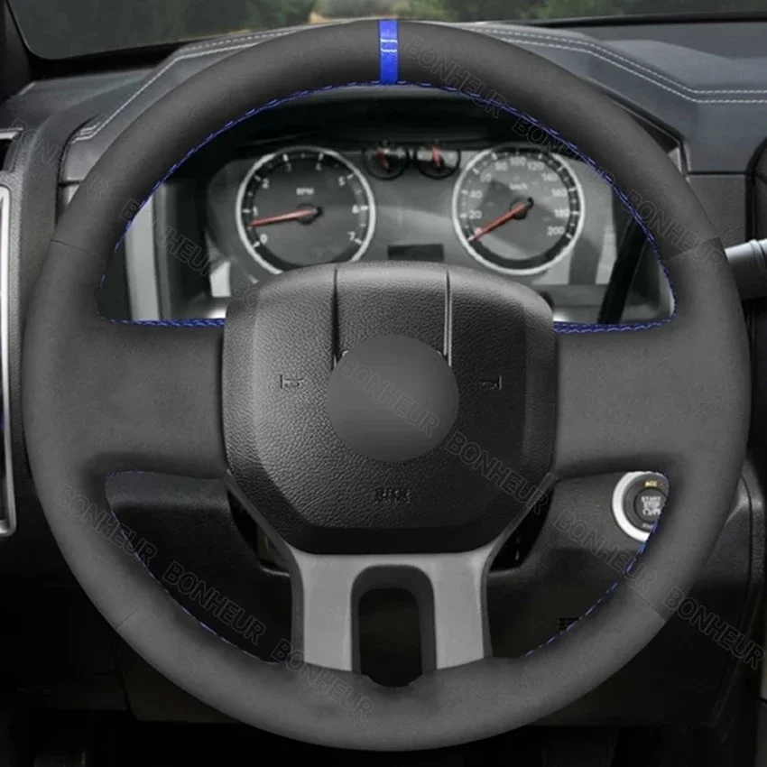 Hand-stitched Black Suede Blue Marker Car Steering Wheel Cover for Dodge RAM 2009 2010