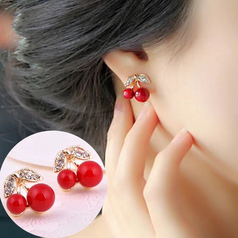 New Fashion Cute Lovely Red Cherry Earrings Rhinestone Leaf Bead Earstud For Woman Jewelry Boucle D'oreille