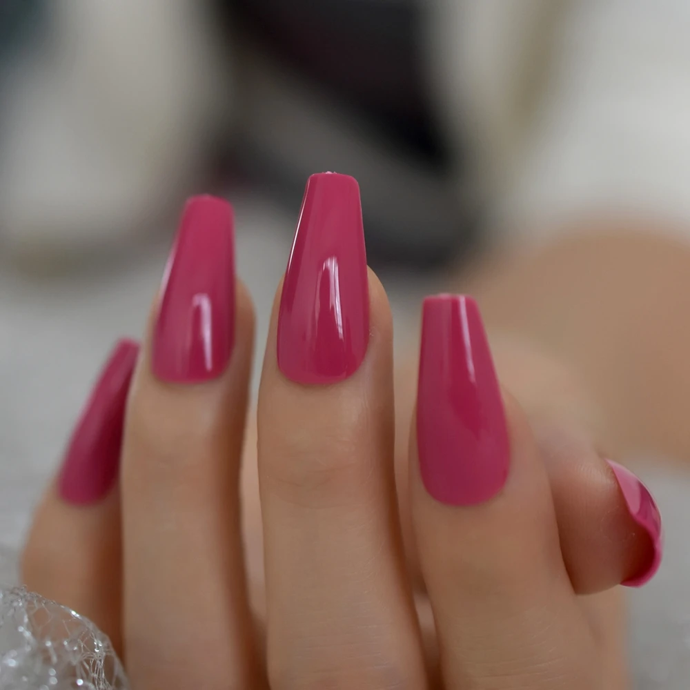 Medium Long Coffin Fake Nails Rose Pink Shiny Surface Faux Nails Thick Acrylic Nail Art Tips Many Colors