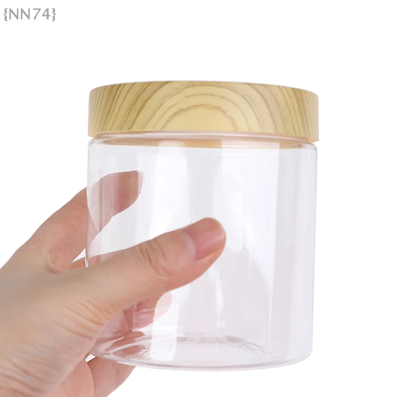 حاوية جرة شفافة فارغة مع غطاء خشبي تقليد بلاستيكي زجاجة تخزين بلاستيكية 1 قطعة {NN74}