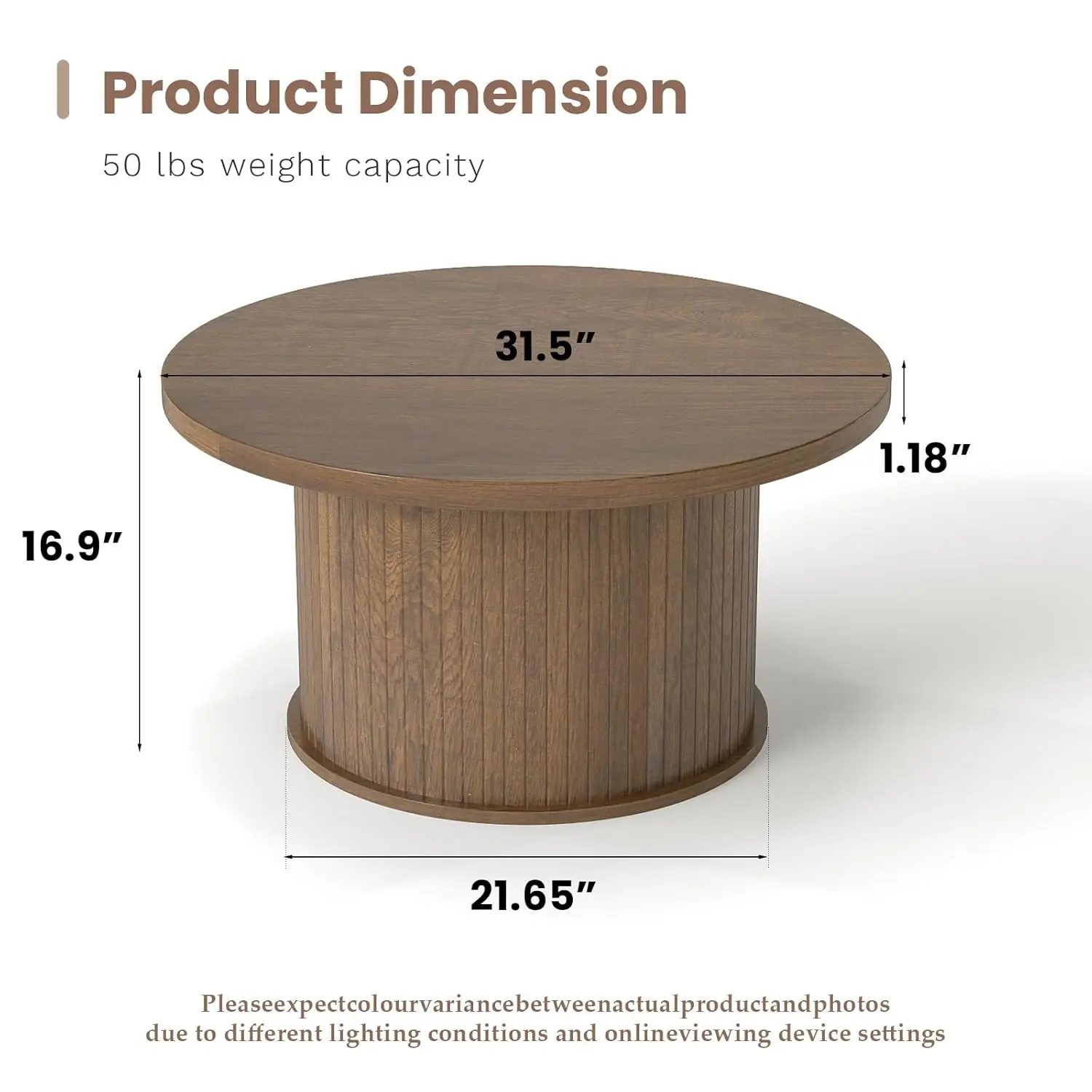 31.5 Inch Fluted Coffee Table, Mid Century Modern Round Coffee Table, Center Table With Sliding Door And Wood Flute