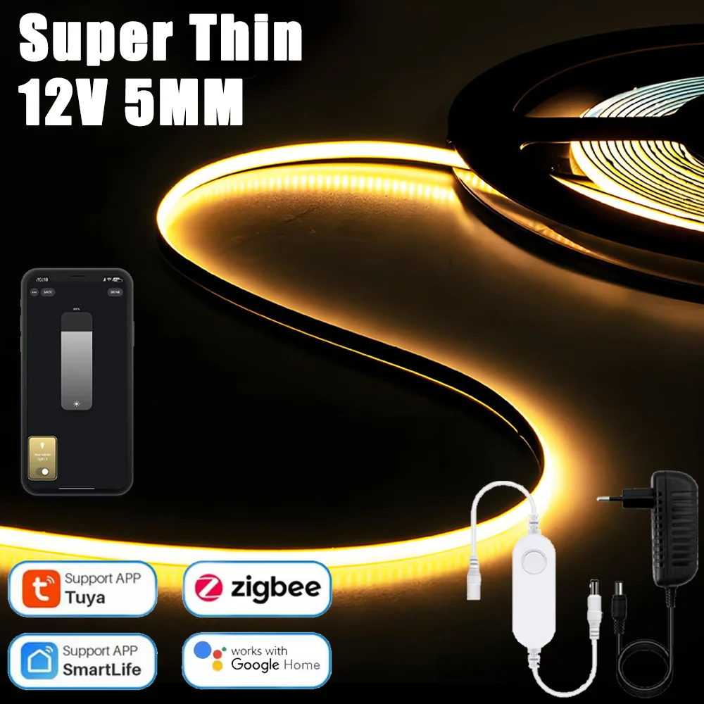 Zigbee 3.0 DC12V COB LED Strip Light Super Thin 5MM Dimmable Tape High Density Flexible COB LED Tape Light Bar for Smarttings