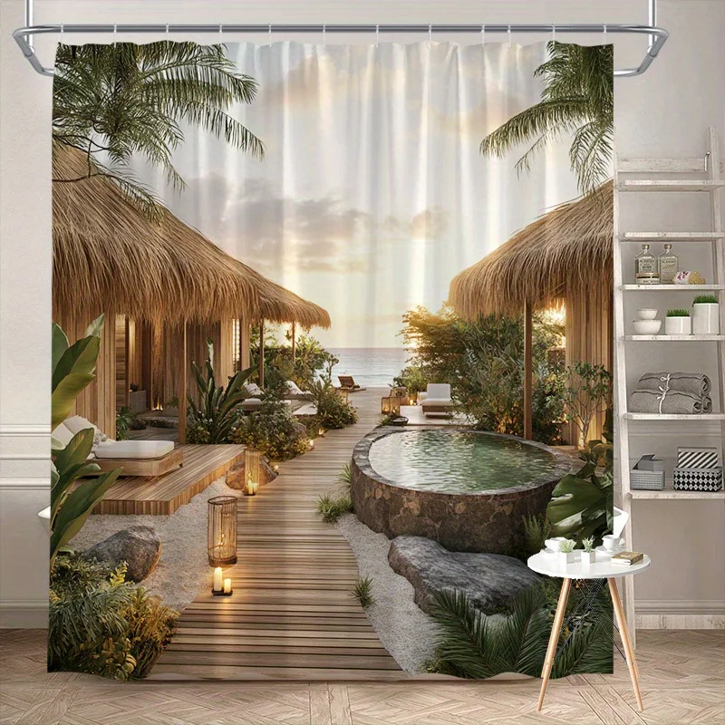 Waterproof Shower Curtain with aTropical Paradise Scene for an Exotic and Relaxing Bathroom Experience Bringing the Beach to You