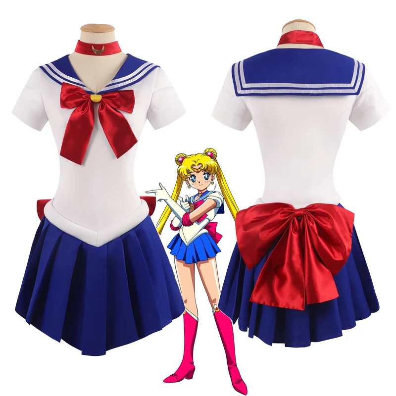 Damski kostium Sailor Moon Tsukino Usagi dla dorosłych 7-częściowy zestaw Crystal Sailor Suit Dress Wig Props Uniform Outfit Halloween