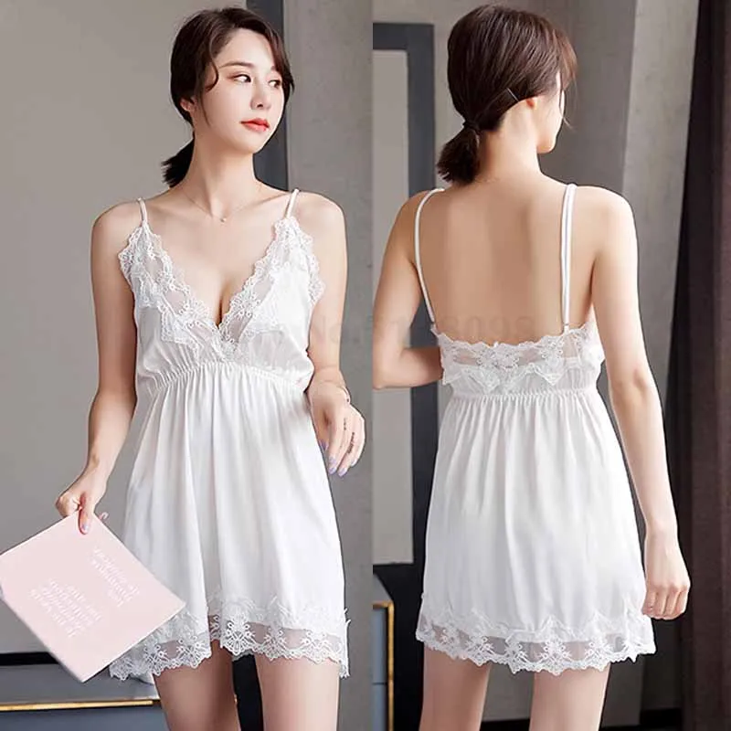 Lace Trim Sexy Nighty&Robe Set Summer Spaghetti Strap Nightgowns Bathrobe Female Backless Satin Home Clothes Kimono Sleepwear