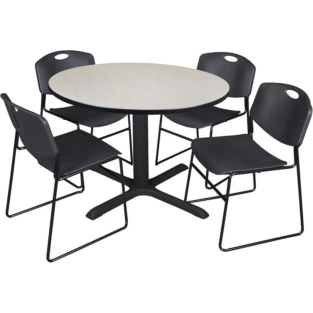 

48 Inch Round Maple Breakroom Table with 4 Stackable Black Chairs