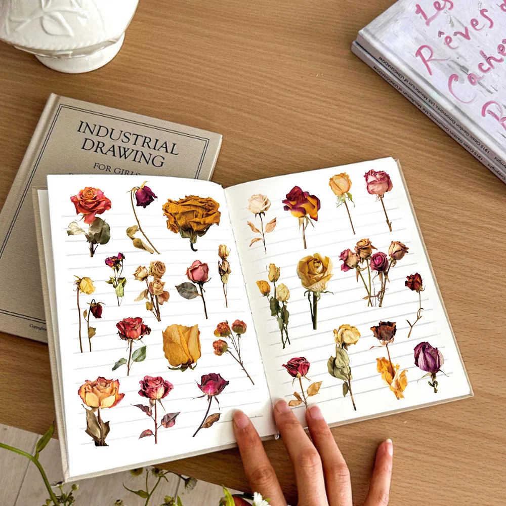 50/100PCS โปร่งใส PET ดอกกุหลาบสติกเกอร์ DIY โน้ตบุ๊ครถจักรยานยนต์เดสก์ท็อปเครื่องเขียนสติกเกอร์ตกแต่ง
