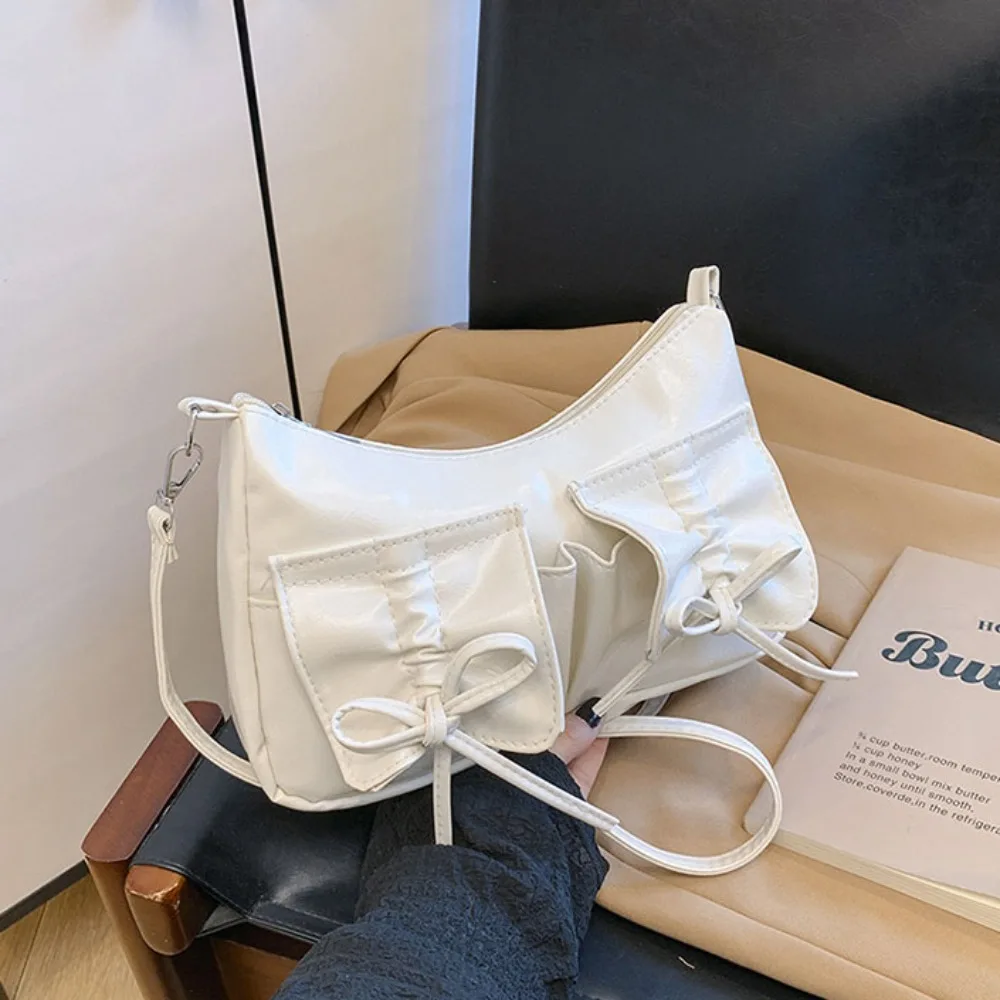 

Korean Style Bowknot Crossbody Bag Pleated Solid Color Y2k Shoulder Bag Shopping Bag Drawstring Strap Pu Dumpling Bag Outdoor