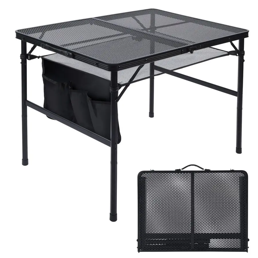 

Folding Grill Table, 3x2 FT Portable Camping Table, Height Adjustable Metal Tables with Mesh Desktop and Mesh Bag, Outdoor Furni