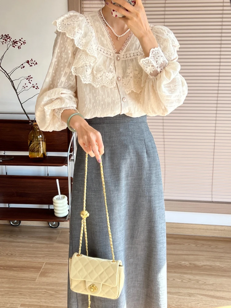 Vintage Women Shirts Lace Lolita Elegant Long Sleeve French Flounce Blouse Office Lady New Fashion Chic Female Tops Sweet Autumn