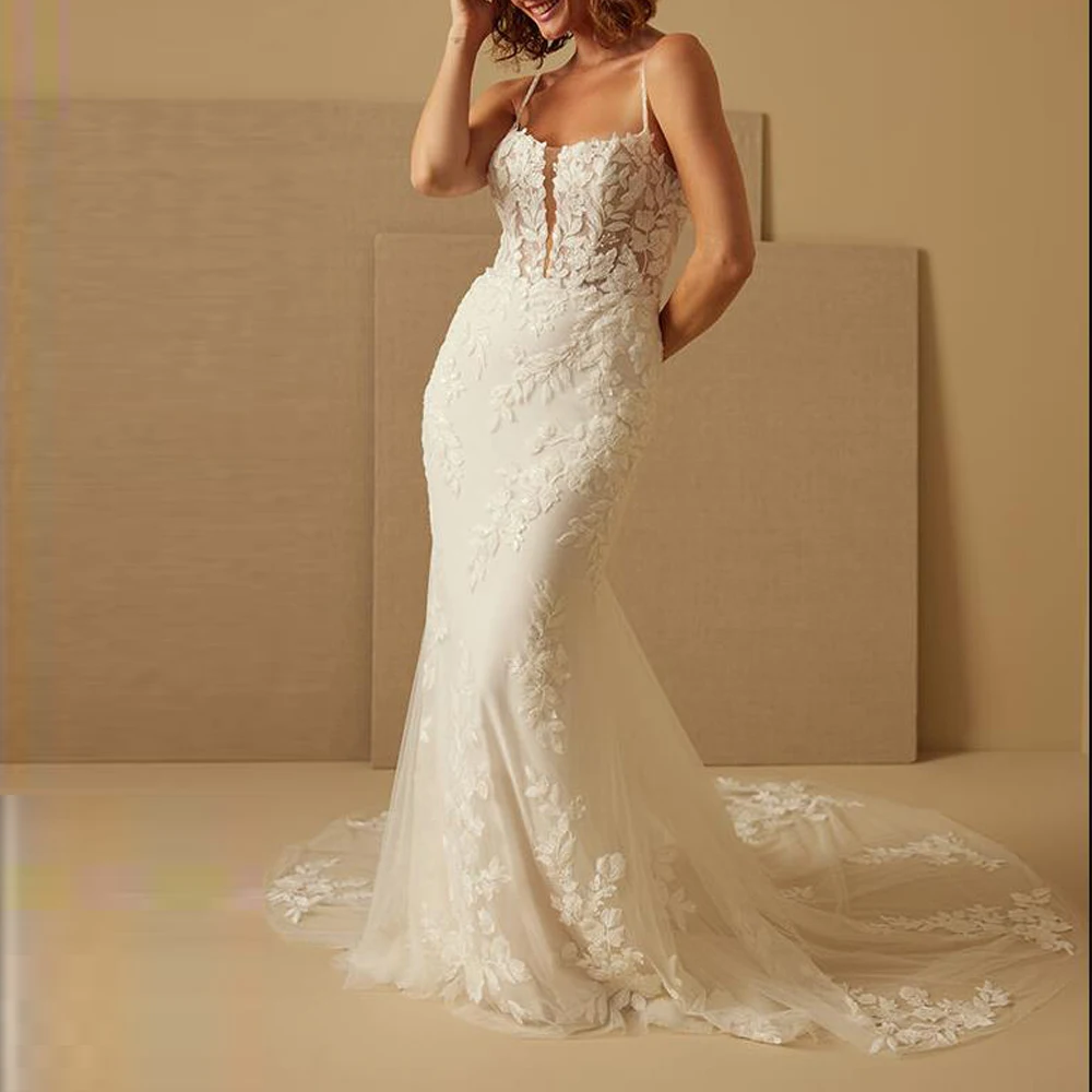 Vestido de casamento bordado de renda personalizado alça espaguete sereia vestidos de novia sem costas espartilho robe de mariée
