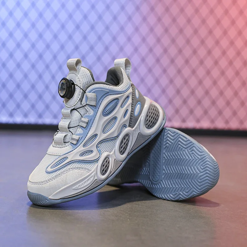 Mode enfants basket-ball anti-dérapant résistant à l'usure baskets garçon fille maille respirant boucle rotative jeunes entraîneur décontracté