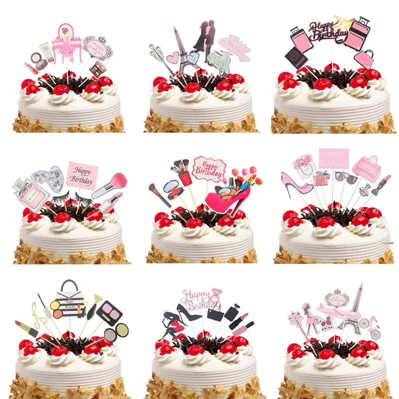 Perfume Lipstick Cake Topper Flags Butterfly DIY Cupcake Toppers Happy Birthday Wedding Bride Party Baby Shower Baking Decor New