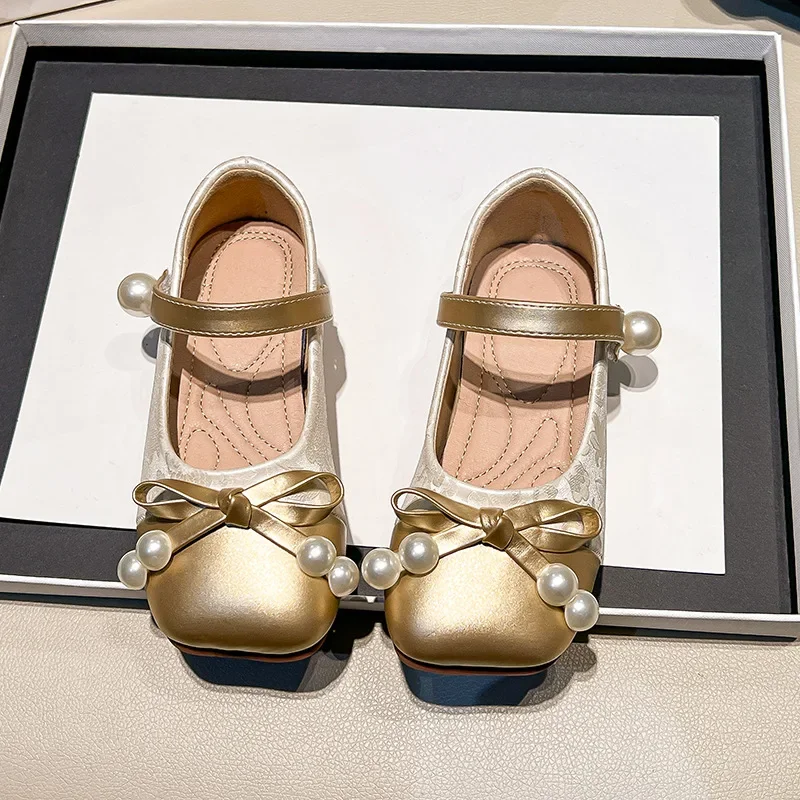 

Kids Girls Small PU Leather Shoes Summer New Children's Pearl Princess Soft Sole Fashion Spring Autumn Size 26-36