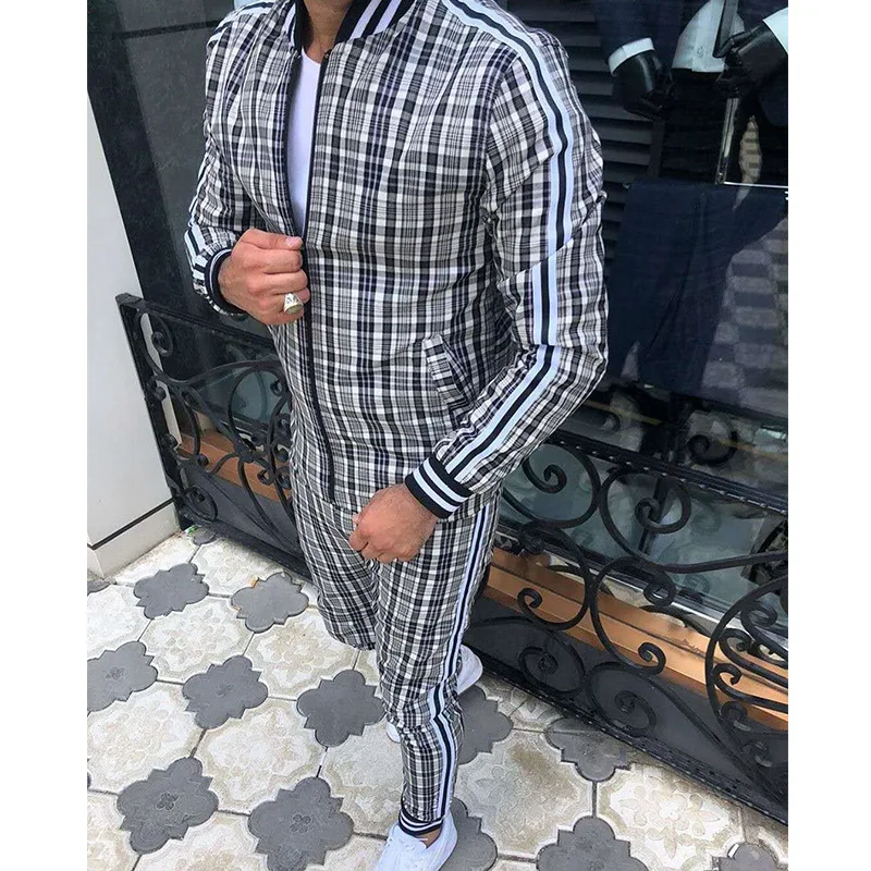 New Plaid Tracksuit Men\'s Sets Gentleman Jacket Sportswear Male Sports Suit 3D Print 2 Piece Set Sweatpants Chandals Man Clothes