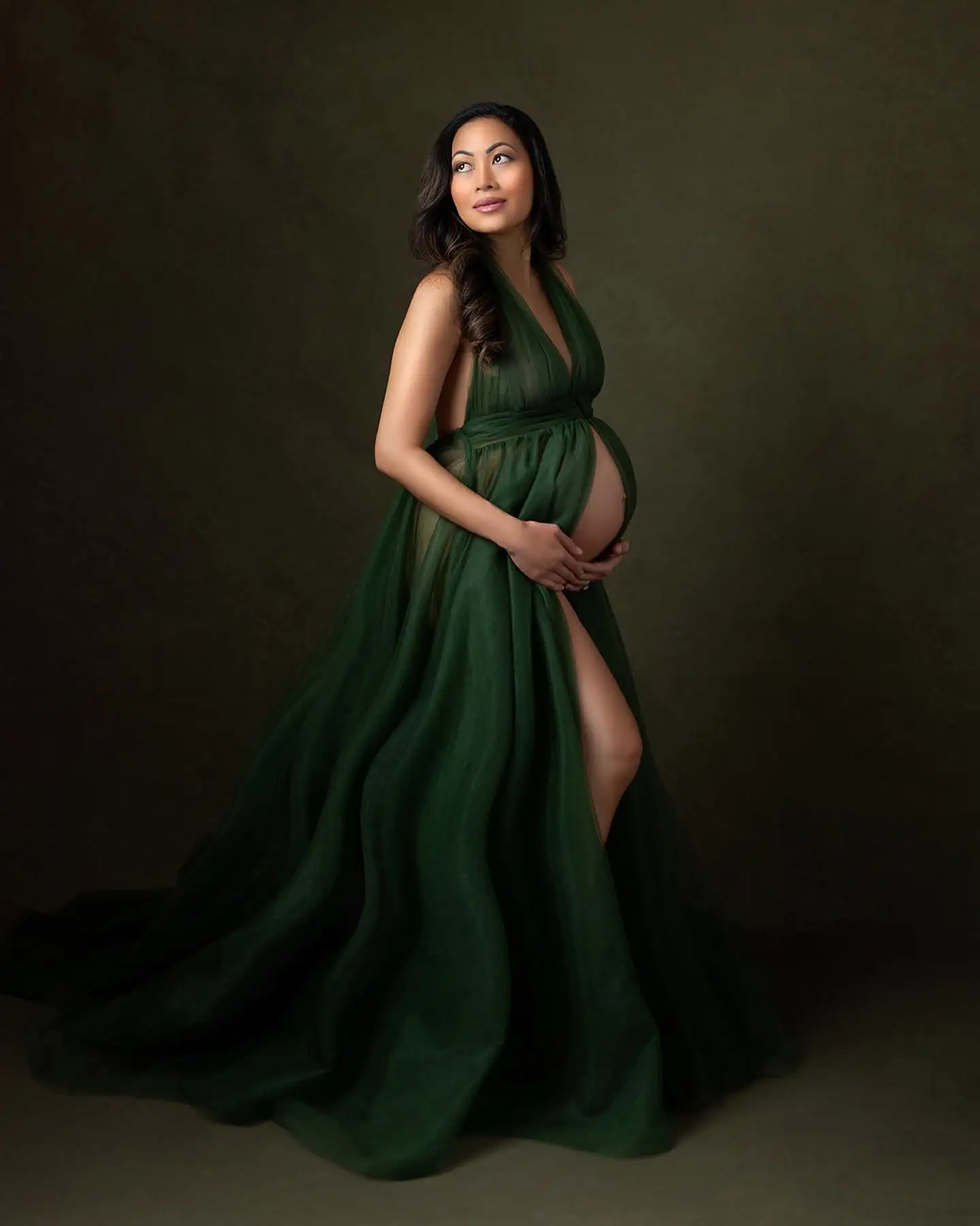 

Sexy Emerald Evening Dresses Halter Sleeveless Women Pregnancy Photoshoot Robes Charming Backless Tulle Maternity Party Gowns