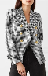 Temperament Houndstooth Blazer Women Fashion Lapel Long Sleeve Slim Double Breasted Blazer Coat Female Commuting Clothing New