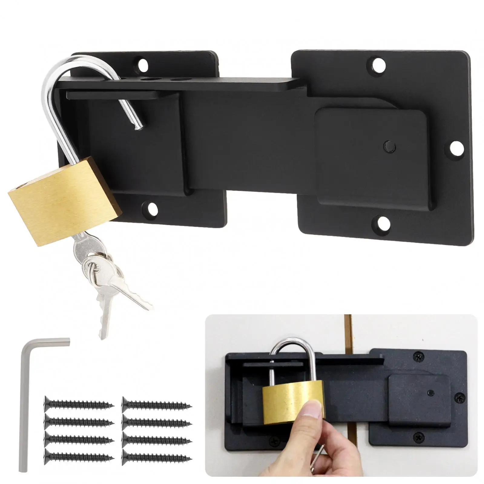 

7.6inches Flip Gate Latch Lock for Wooden Fence/Swing Sliding Open Gate/Fence/Yard with Brass Padlock, 4mm Heavy Duty Door Latch