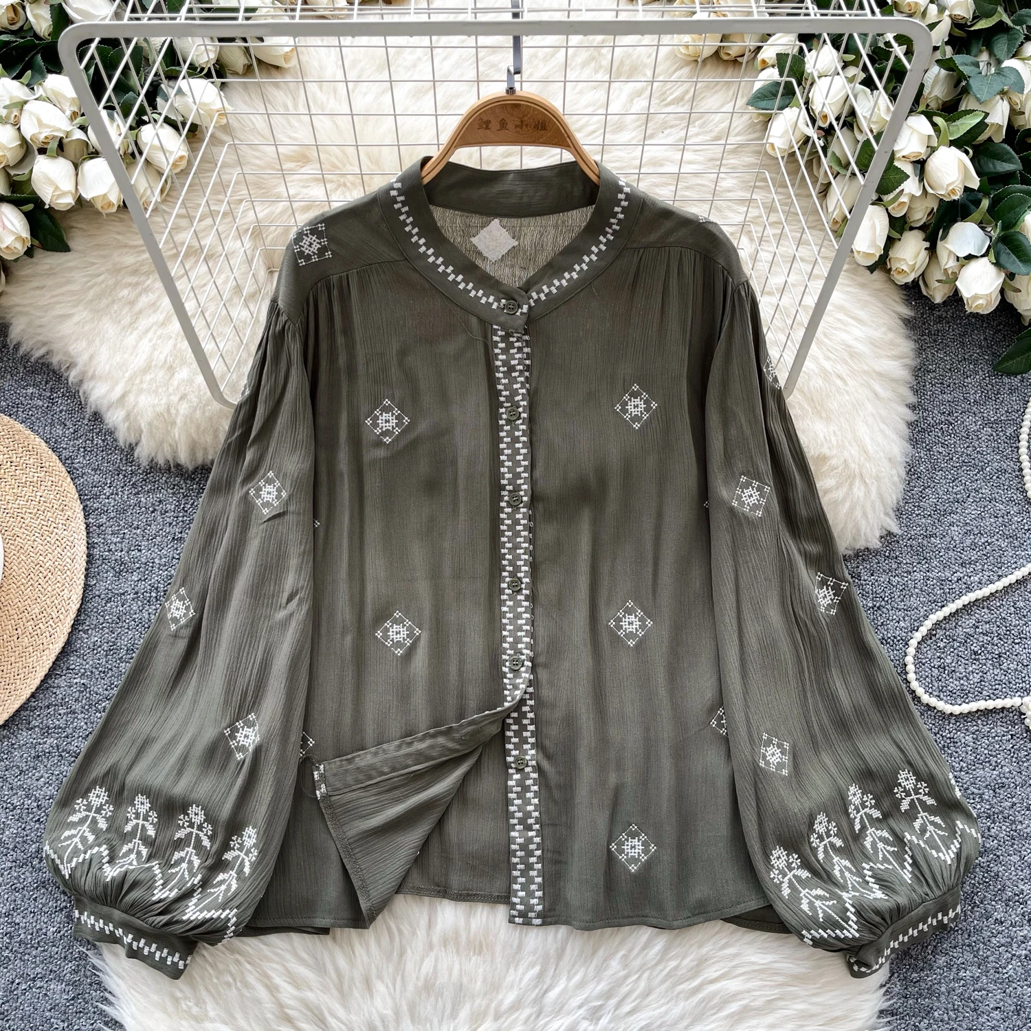 Vintage O-neck Elegant Lantern Sleeves Chic Embroidered Single Breasted Loose Top Korean Streetwear High Street Autumn Blouse