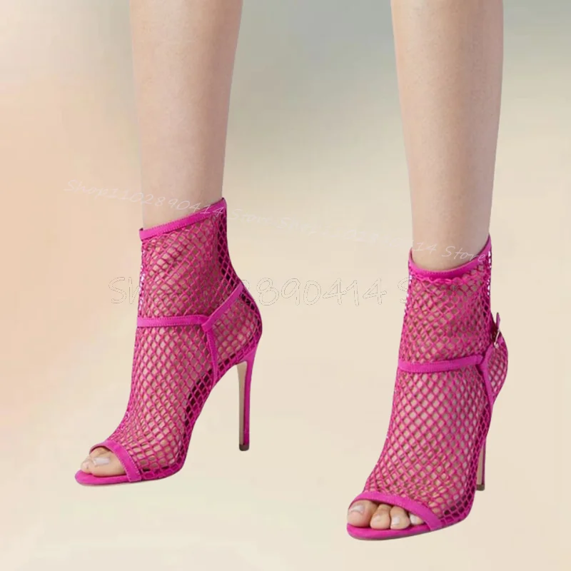 

Rose Red Buckle Decor Mesh Open Toe Sandals Boots Back Zipper Women Shoes Thin High Heels Fashion Party 2024 Zapatos Para Mujere