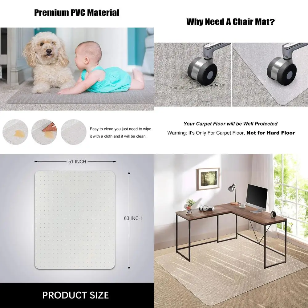 Alas Kursi Meja untuk Karpet, 51'' x 63'' Alas Transparan Persegi Panjang untuk Kursi, Cocok untuk Meja, Kantor dan Rumah, Mudah Digeser, Melindungi