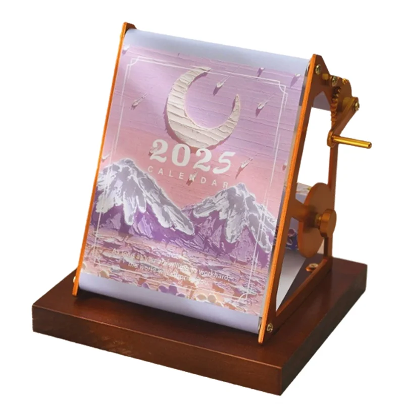 

2025 Metal Hand Crank Press Desk Calendar Oil Painting Vintage Flip Page Personalised Desktop Decorations