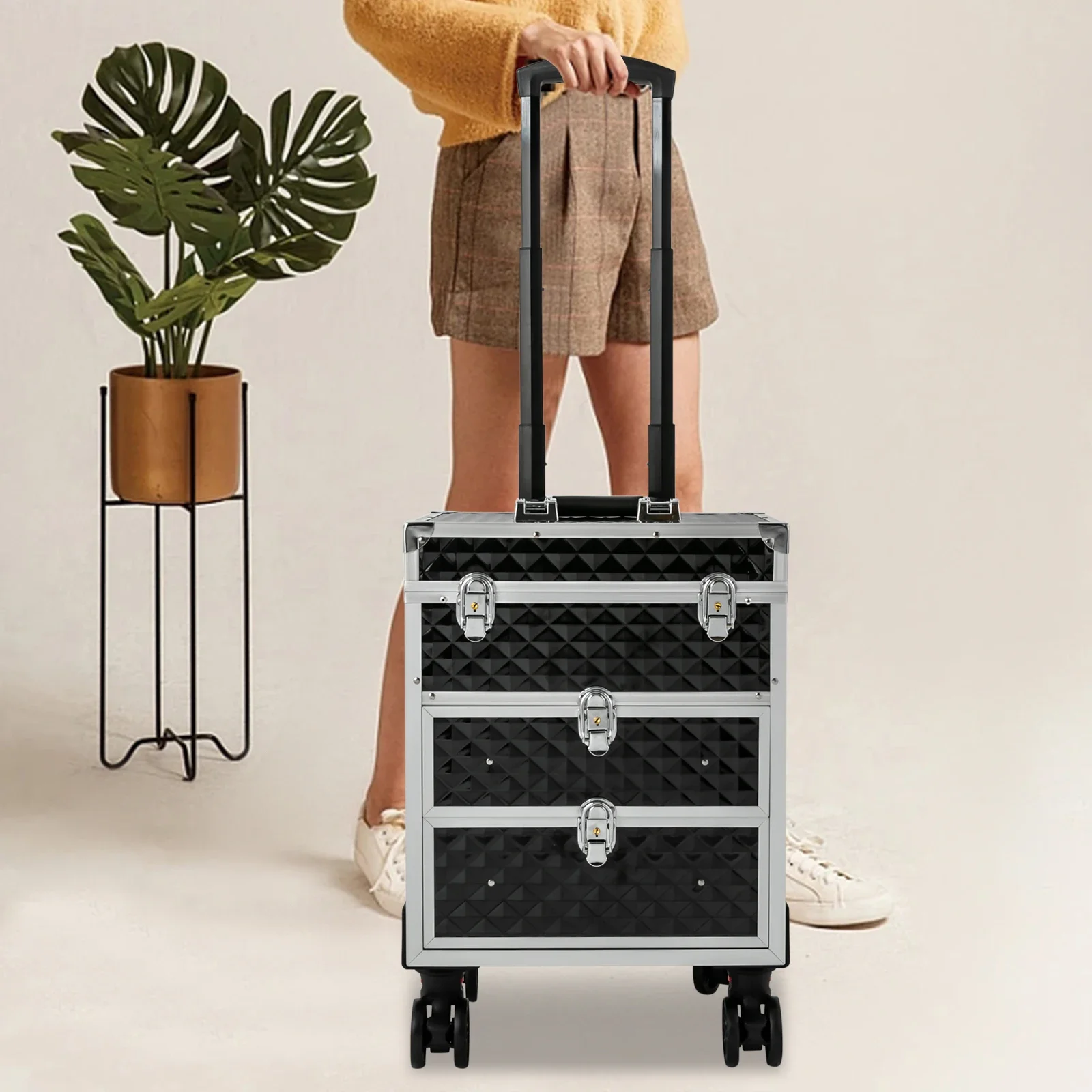 حقيبة مكياج دوارة من 3 طبقات مع درجين منزلقين، صندوق تخزين منظم مستحضرات التجميل باللون الأسود لفناني المكياج، سعة تحميل 30 كجم #2