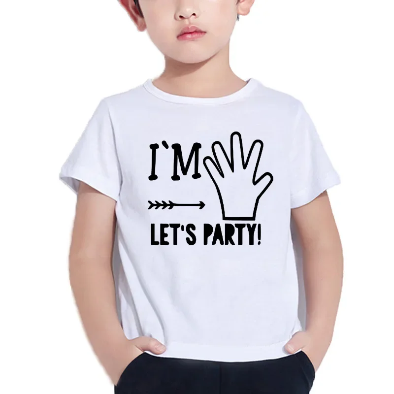 

Белая футболка I Am Five Let's Party для мальчиков и девочек, милая футболка, летняя футболка, Детская футболка с принтом в виде цифр на день рождения