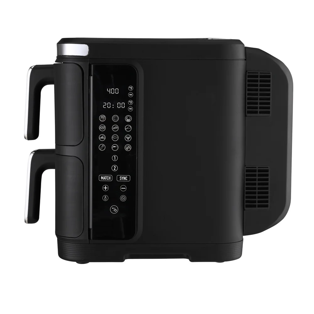11.6쿼트 이중 적층 디지털 에어프라이어, 듀얼 조리 챔버, 12가지 사전 설정 메뉴, 공간 절약형 디자인, 효율적인 작동, 1800W 출력