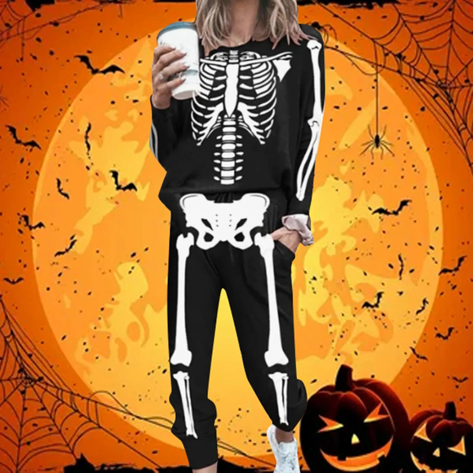 

Fashion Skeleton Printing Women's Two Piece Outfits Round Neck Long Sleeve Pullover Tops And Loose Pant Sets Casual Sport Suits
